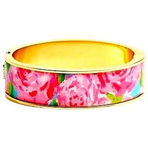 Lilly Pulitzer Floral Enamel Goldtone Hinged Bangle Bracelet Small MINT Gift.